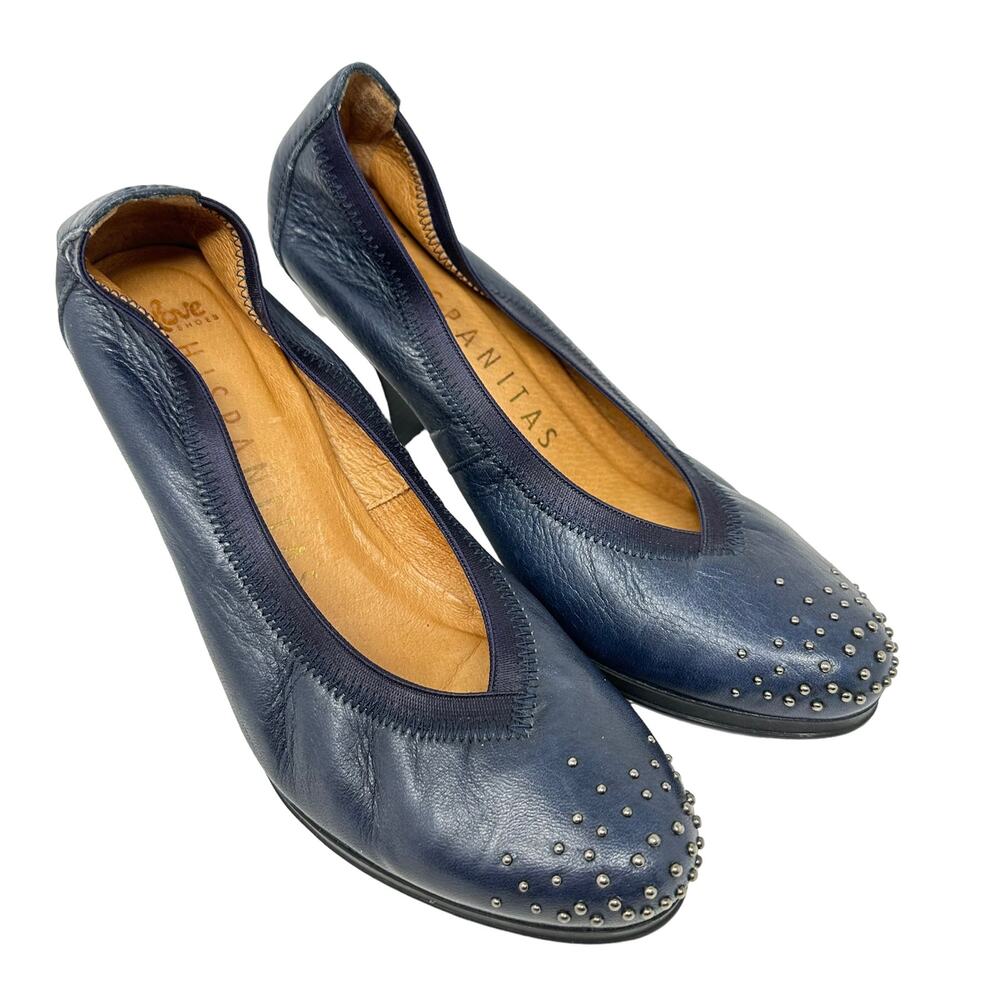 Hispanitas Almond‎ Toe Studded Shoe Pumps Women 7.5 Navy Soft Leather Modest